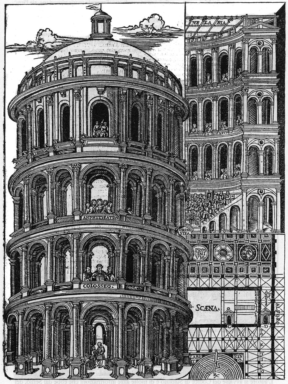 ローマの建築家Marcus Vitrubius Pollio dit Vitruvio (紀元前1世紀)の建築を扱った書籍「De architectura」からの一枚。1536年、ペルージャのジャンバティスタ・カポラリによるイタリア版。 作： 無名の画家