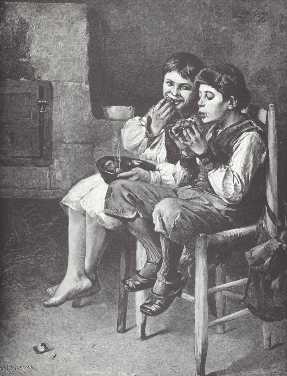 貧しい少年たちの食事風景 19世紀後半（木版画 作： 無名の画家