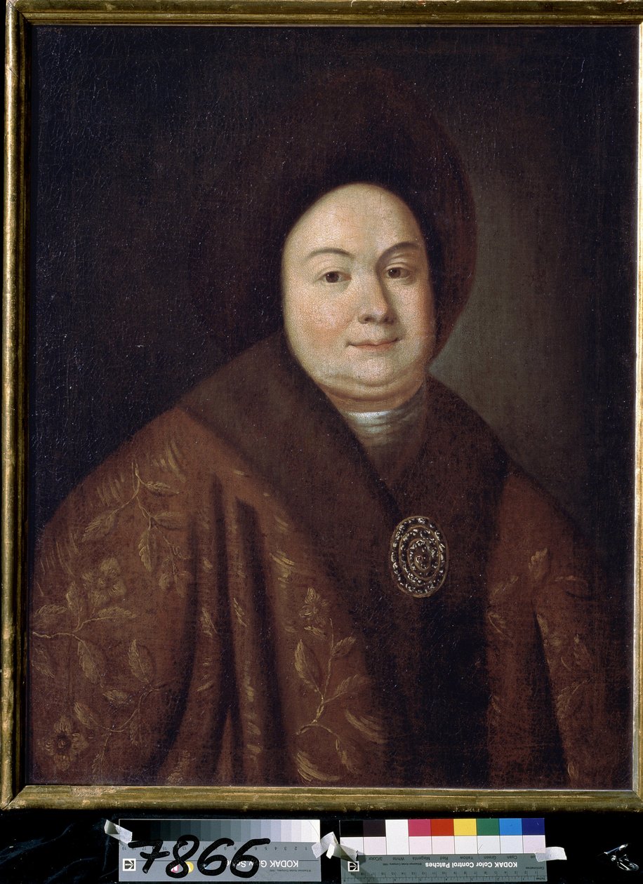 ロシアのピョートル 1 世の妻、ツァリナ エウドクシア フェオドロフナ ロプヒナ (1669-1731) の肖像 (ロシアのツァーリ ピョートル 1 世の妻、ツァリナ エヴドキヤ フョードロヴナ ロプヒナの肖像)。 匿名の絵。 キャンバスに油彩、80 x 63 cm、18 世紀初頭。 st 作： 無名の画家