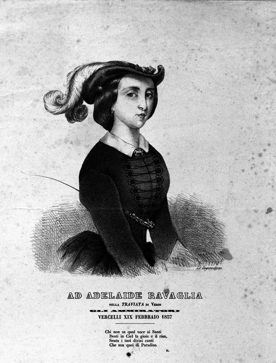 1857年のジュゼッペ・ヴェルディのオペラ「椿姫」の表現におけるアデレード・ラヴァーリアの肖像。 作： 無名の画家