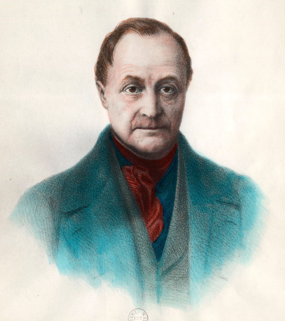 フランスの哲学者、オーギュスト・コンテ（1798-1857）の肖像。19世紀のエングレーヴィング。個人蔵。 作： 無名の画家
