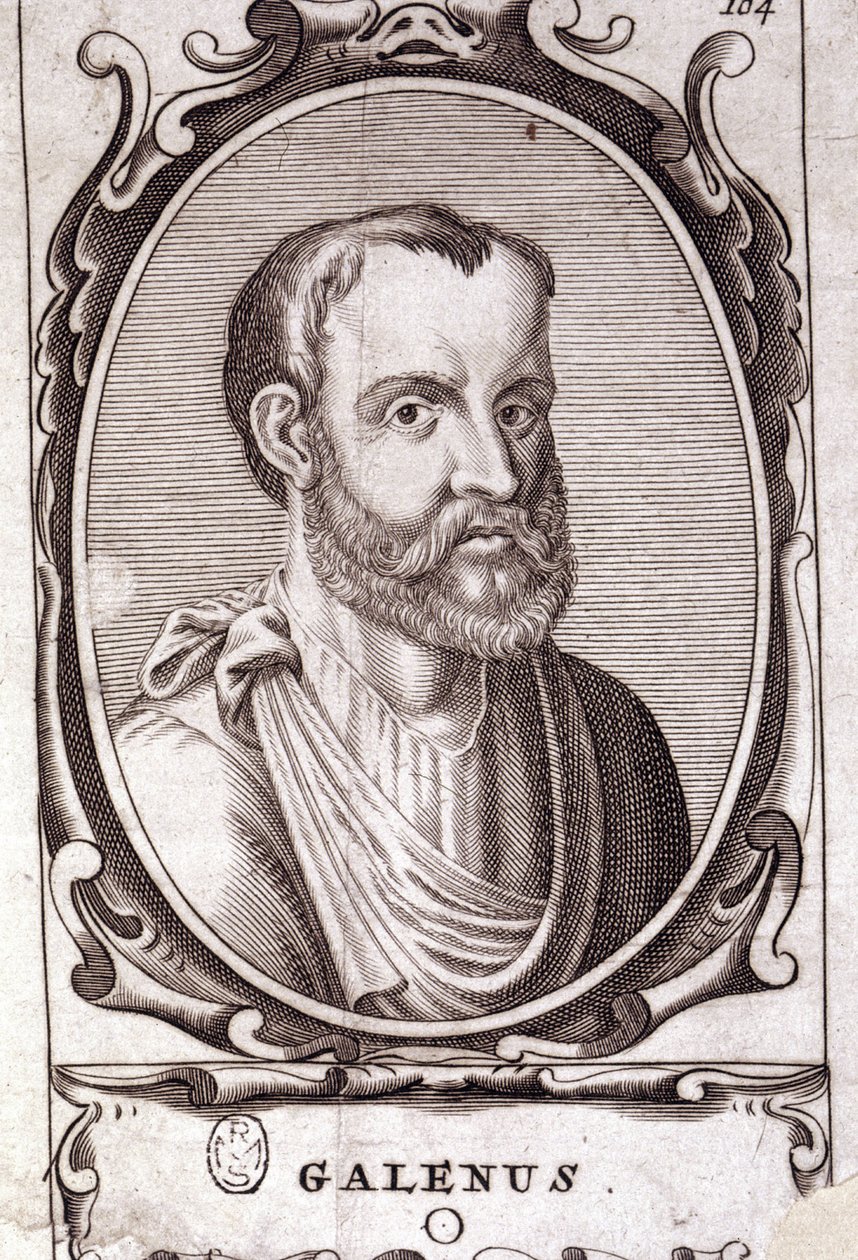 ギリシャの医師クロード・ガリエン（Klaudios Galenos or Claudio Galeno or Claudius Galenus or Galen, v. 131 - v. 201）の肖像。18世紀のエングレーヴィング。 作： 無名の画家