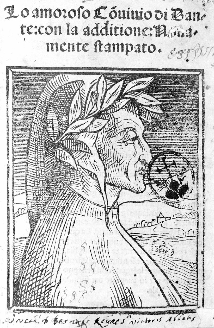 イタリアの詩人、ダンテ・アリギエーリ（1265〜1321）の肖像。Il Convivio "の正面図 作： 無名の画家