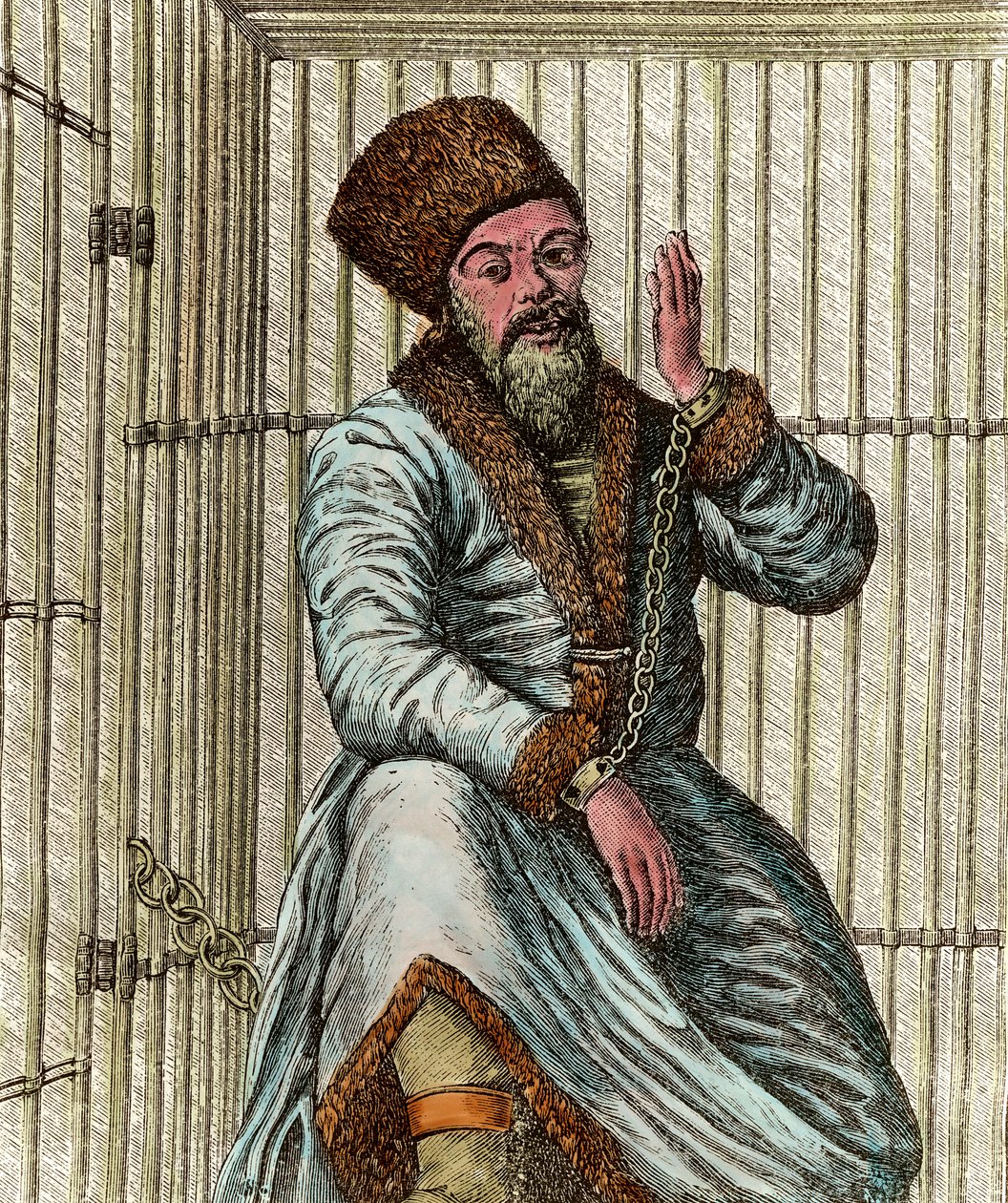 1773～1775年のロシア農民戦争におけるコサックの指導者、エメリアン・イワノヴィチ・プガチョフ（イェメリアンまたはエミリアン・プガチョフ）（1742～1775年）の肖像（ヤイーク・コサックのジャクリー） 檻に幽閉され、民衆に見せる姿 作： 無名の画家