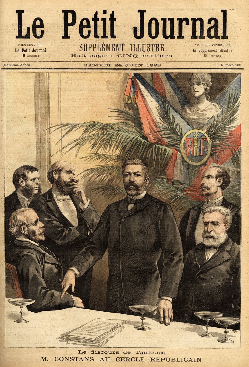 アーネスト・コンスタン（1833-1913）の肖像。法学部の教授であり、その後政治家となり、何度も内務大臣を務め、フランスの保護下にあったインドシナの初代総督でもありました。Le petit journal "24/06/1に掲載された版画 作： 無名の画家