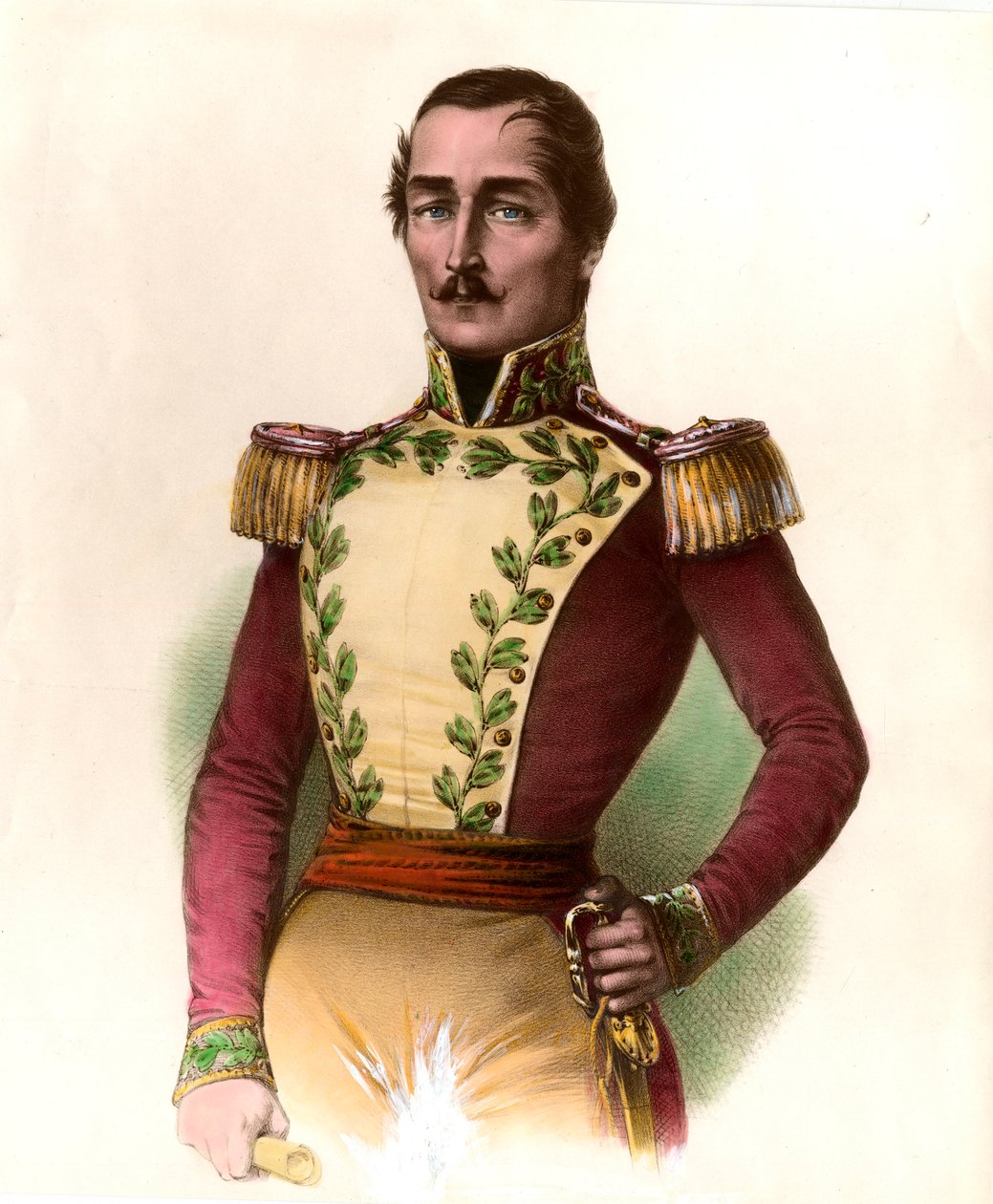 コロンビアの軍人・政治家で、1819年の独立の英雄であるサンタンデール将軍（フランシスコ・デ・パウラ）（1782-1840）の肖像。1836年のエングレーヴィング 個人蔵 作： 無名の画家