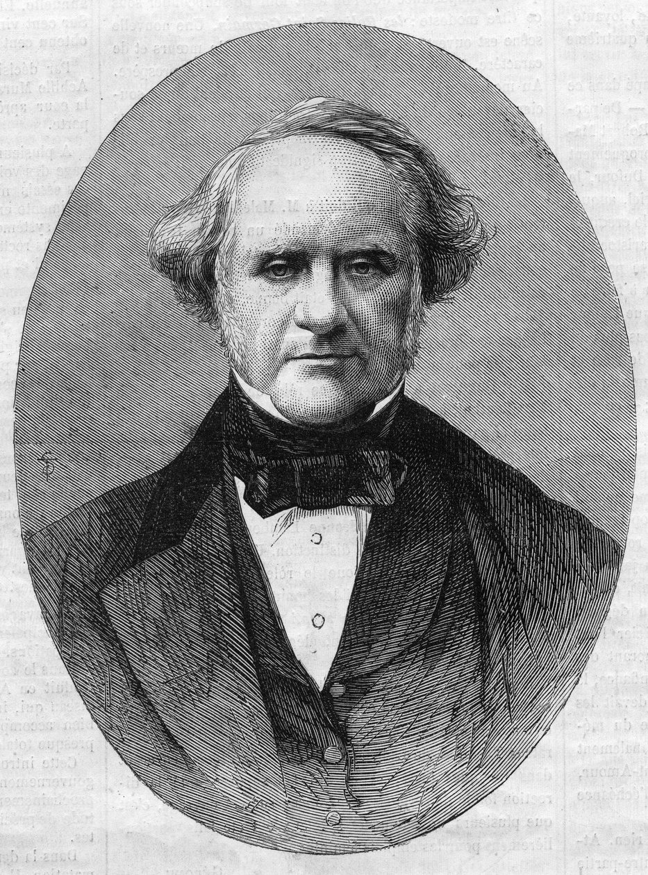 ジョージ・ピーボディ（1795-1869）の肖像。米国メリーランド州のジョンズ・ホプキンス大学にピーボディ・インスティテュート・コンサーバトリーを設立した起業家・慈善家。The Illustrious Universe "に掲載された版画 作： 無名の画家