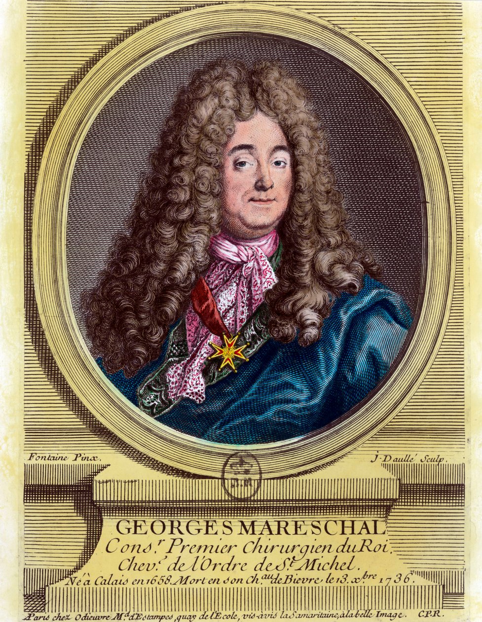 1703年から1719年まで国王の第一外科医を務めたジョルジュ・マレシャル（1658 - 1736）の肖像。18世紀のエングレーヴィング。個人蔵。 作： 無名の画家