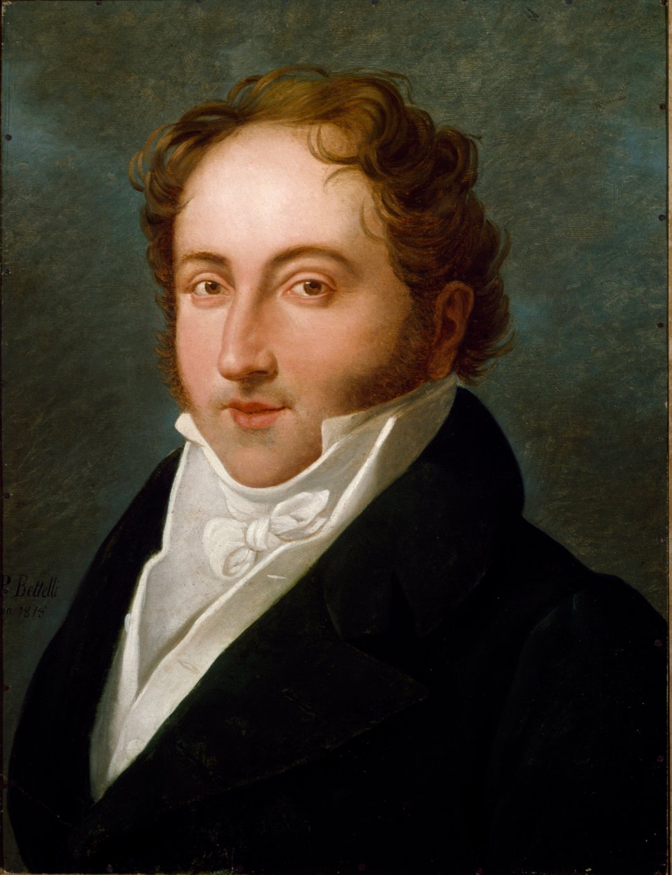 Gioachino (Gioacchino) Rossini (1792-1868), イタリアの作曲家の肖像 匿名の絵画。1818年 ボローニャ、Civico Museo Bibliografico Musicale - イタリアの作曲家、ジョアキーノ・ロッシーニ（1792-1868）の肖像。匿名の絵画 1818年シビック・ビブリオグラフィック・ミュージアム・オブ・ミュージック 作： 無名の画家
