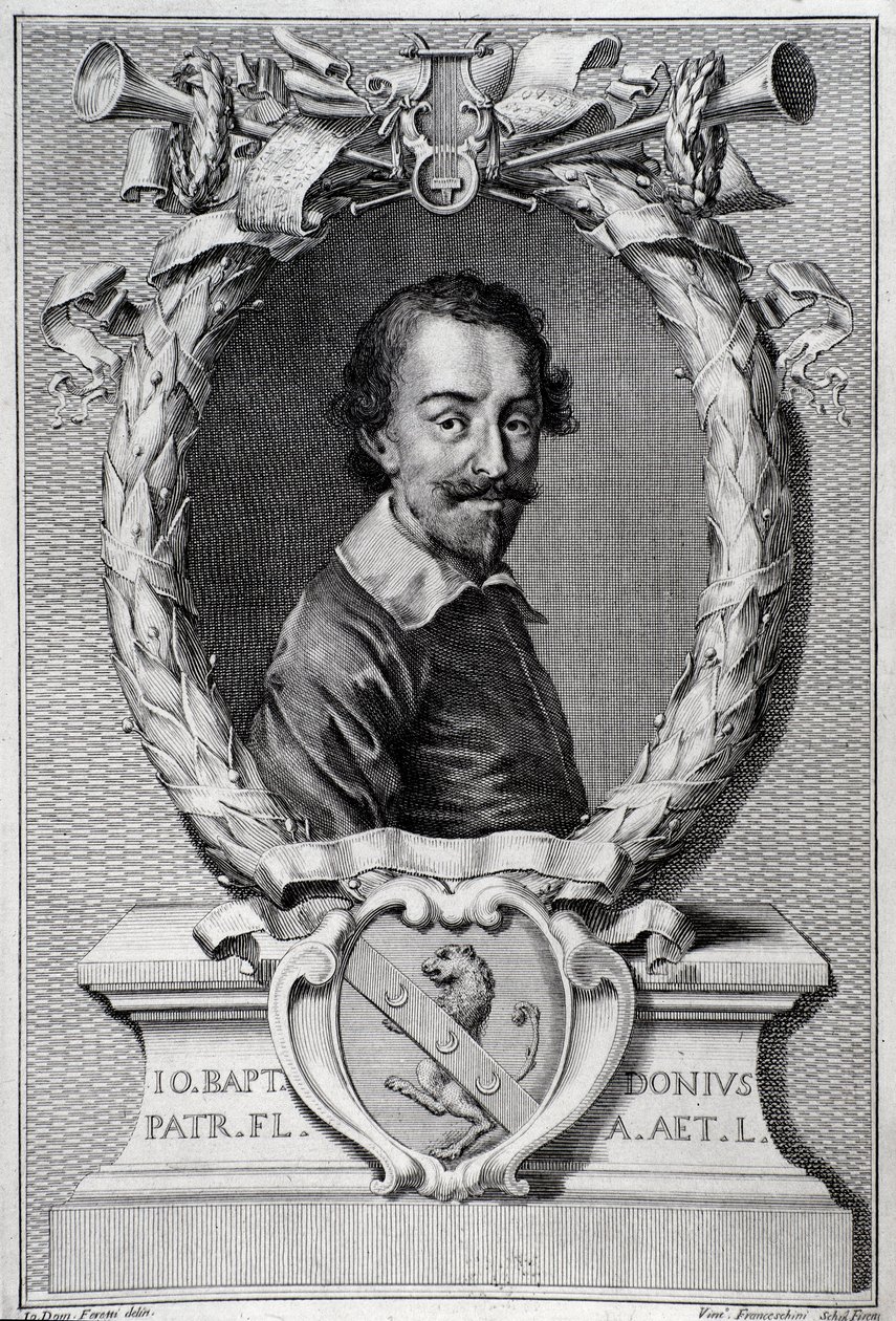 Giovanni Battista Doni (1596-1647) イタリアの音楽学者の肖像 "Lyra Barberin "の表紙からのエングレーヴィング 作： 無名の画家