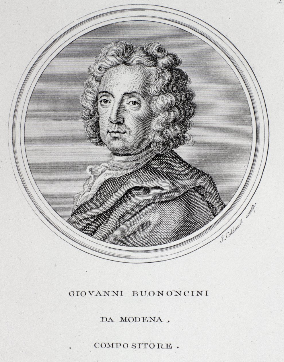 イタリアのバロック音楽の作曲家、チェリストであるジョヴァンニ・バッティスタ・ボノンチーニ（1670-1747）の肖像 エングレーヴィング。18世紀ボローニャ、市民書誌学博物館 作： 無名の画家