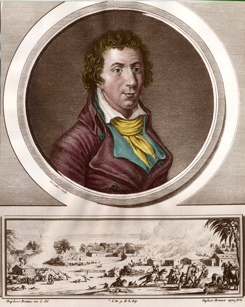 Jacques Pierre Brissot de Warville（1754 - 1793）の肖像。奴隷制度の廃止を支持する「黒子の友の会」を設立。18世紀のエングレーヴィング。個人蔵。 作： 無名の画家