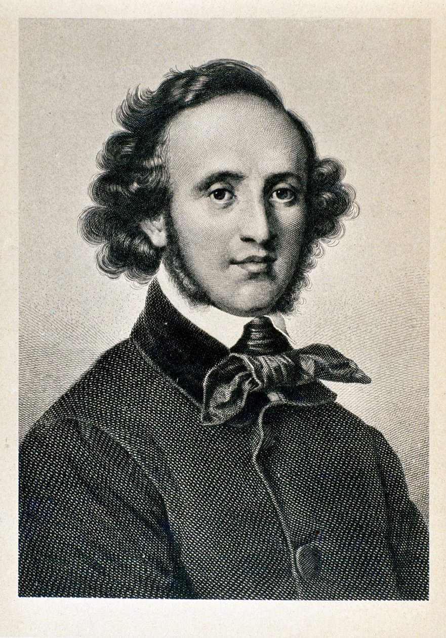 ドイツの指揮者・作曲家であるJakob Ludwig Felix Mendelssohn Bartholdy（1809-1847）の肖像。19世紀、ミラノのジュゼッペ・ヴェルディ音楽院のビブリオテカのリトグラフ ©Luisa Ricciarini/Leemage 作： 無名の画家
