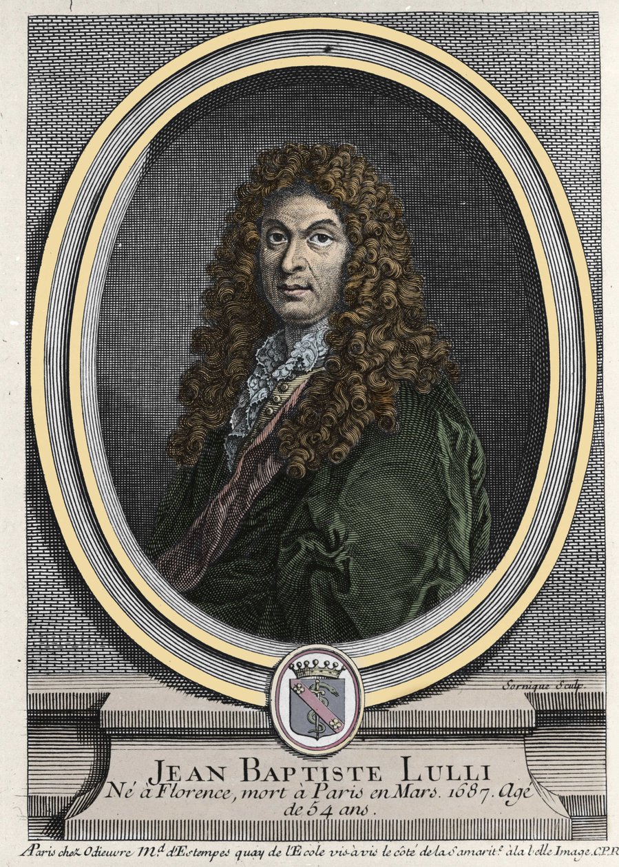 イタリア系フランス人作曲家、ジャン・バティスト・リュリ（ジョヴァンニ・バッティスタ・リュリ）（1632-1687）の肖像。19世紀のエングレーヴィング。 作： 無名の画家