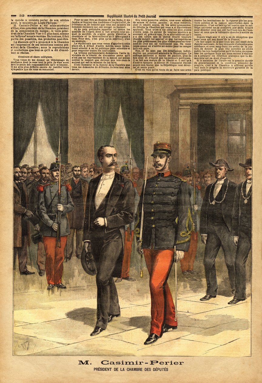 代議員会の新会長であるジャン・カシミール＝ペリエ（Casimir Perrier, Casimir Perrier, Casimir-Perrier）（1847-1907）の肖像。1893年1月28日「Le petit journal」に掲載されたエングレーヴィング。セルバのコレクション。 作： 無名の画家