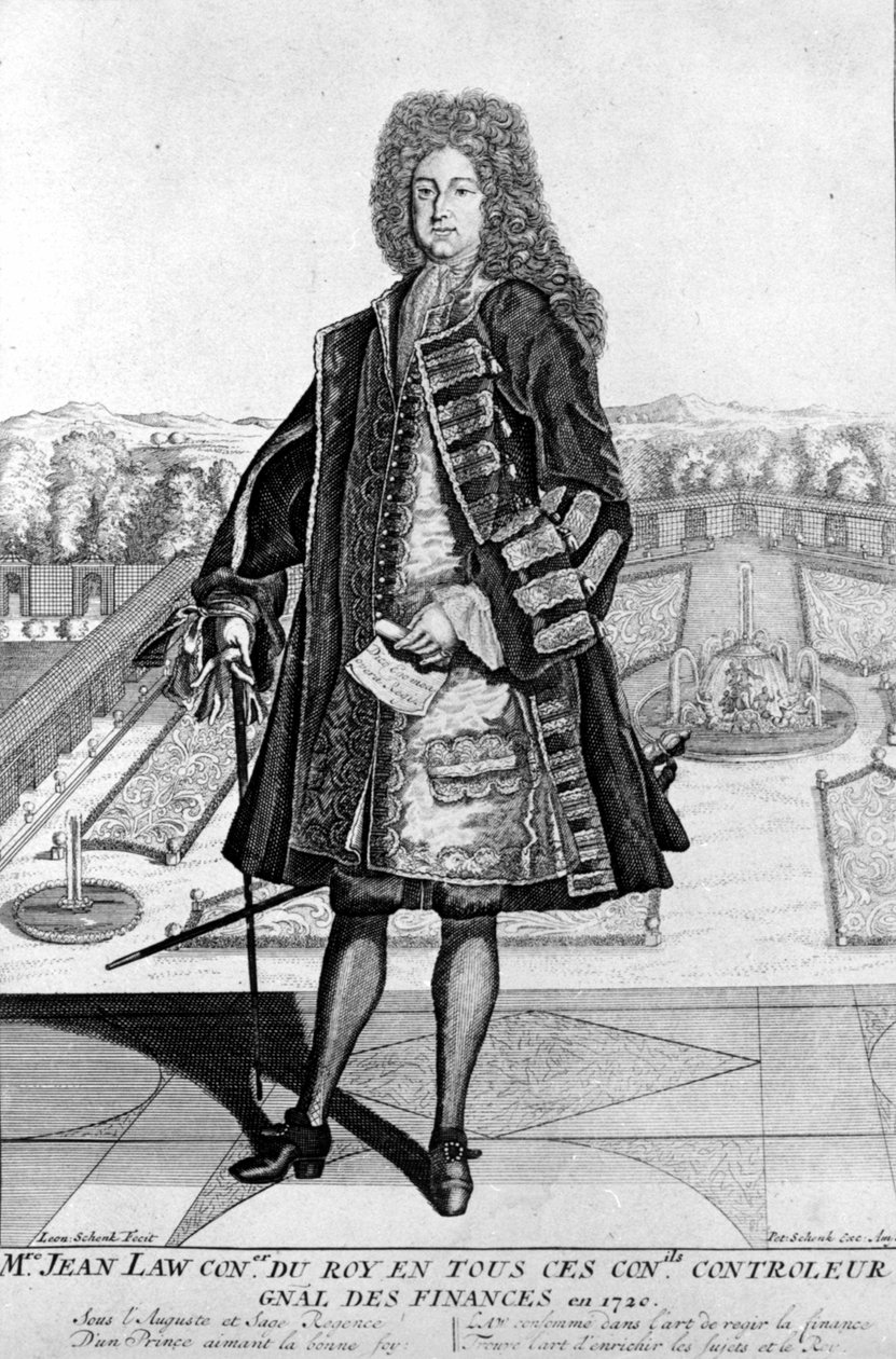 1720年に破産したスコットランドの金融業者、ジョン・ロー（1671 - 1729）の徒歩による肖像（Quincampoix Streetのイベント 作： 無名の画家