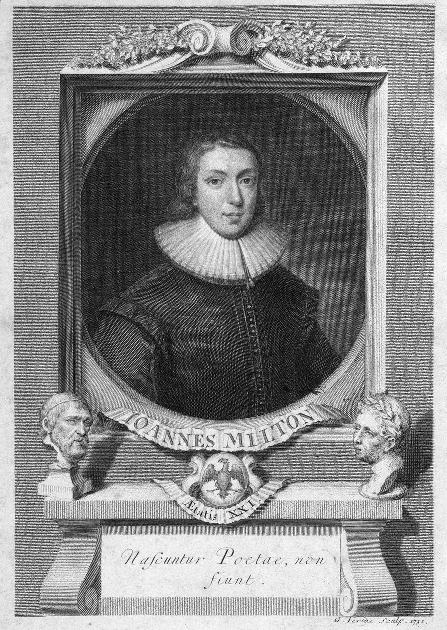 ジョン・ミルトンの肖像（イングランドの詩人・エッセイスト、1608年～1674年） エングレーヴィング 18世紀 作： 無名の画家