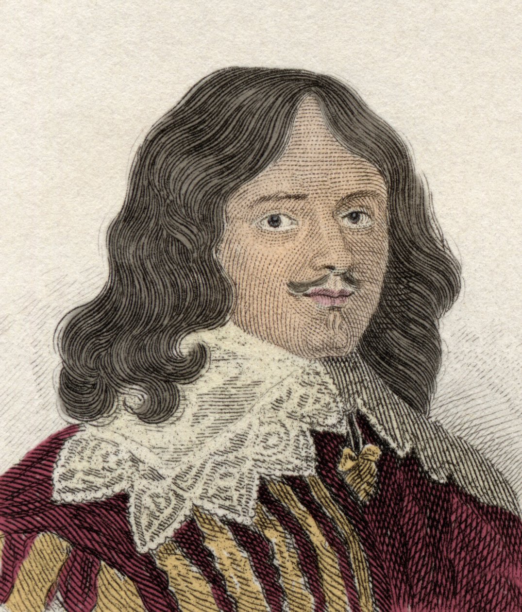 政治家、軍人、英文学者である第2子爵フォークランドのルシウス・カリー（1610-1643年頃）の肖像。19世紀のエングレーヴィング。 作： 無名の画家