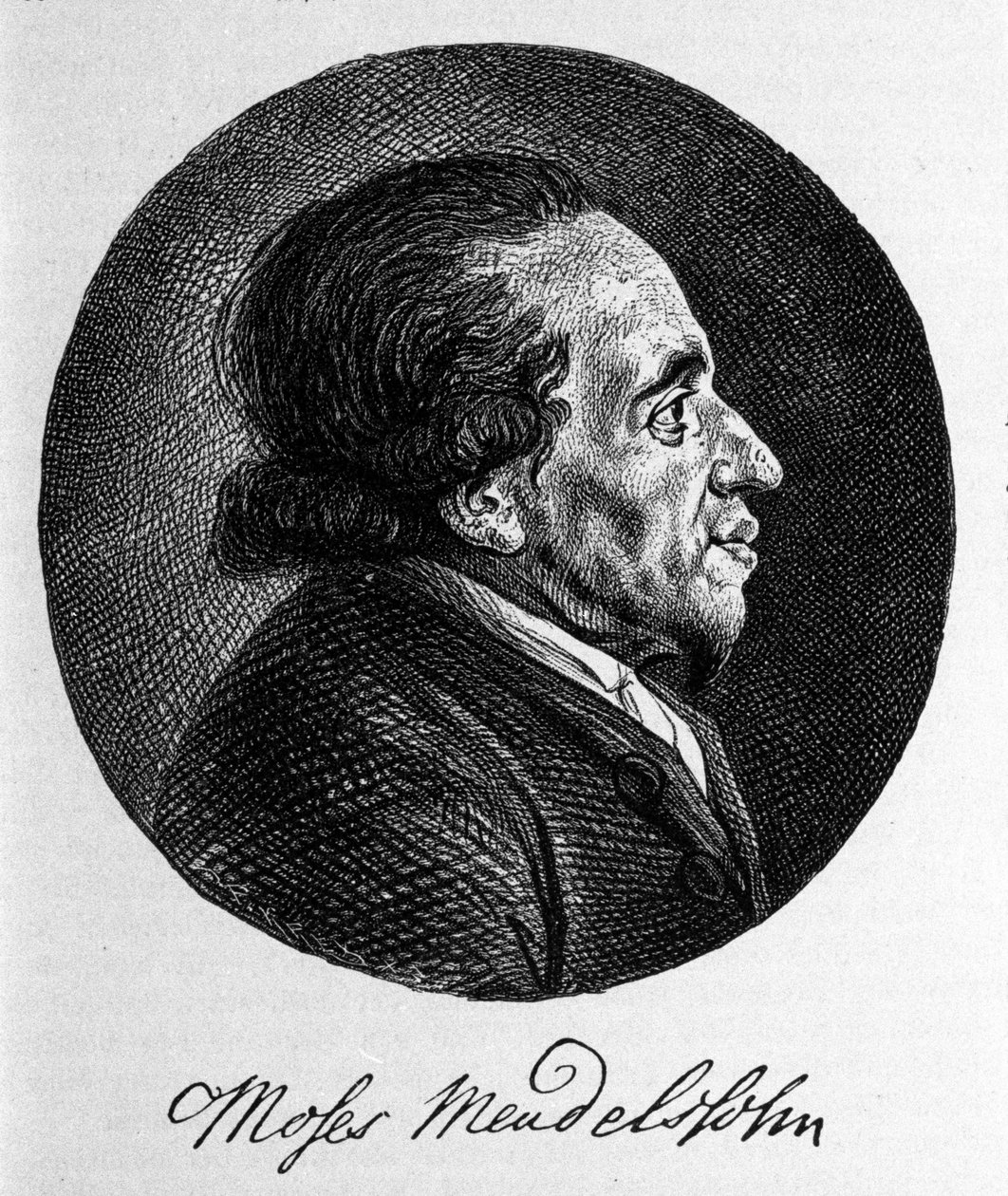 哲学者であり、近代ユダヤ教の真の創始者であるモーゼ（Moses）・メンデルスゾーン（1729 - 1786）の肖像。音楽家フェリックス・メンデルスゾーンの祖父。 作： 無名の画家