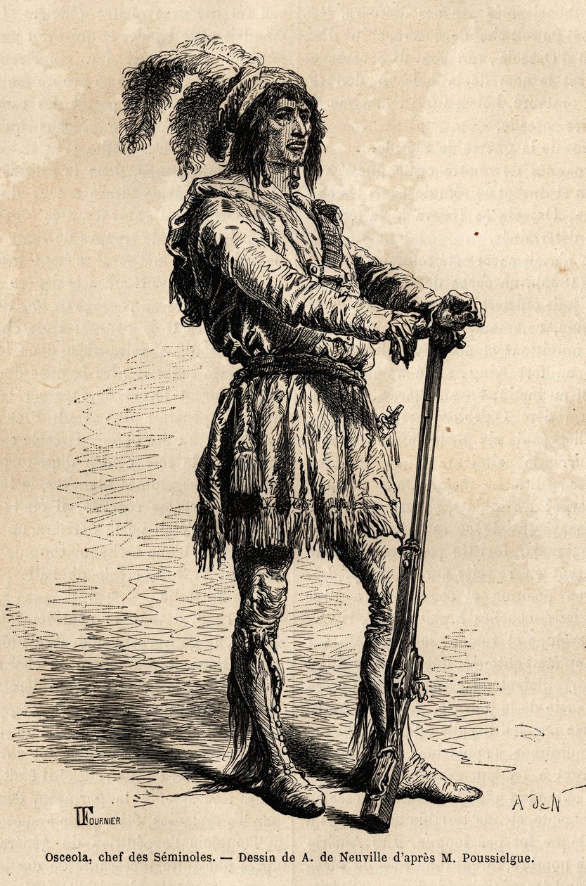 フロリダ戦争（1835年〜1842年）の際、アメリカに対するインディアンの抵抗の先頭に立ったセミノール族のリーダー、オセオラ（1804年〜1838年）の肖像。1851年から1852年にAchille Pousselgueによって出版された『four months in Florida』という物語を説明するためのエングレーヴィング。 作： 無名の画家
