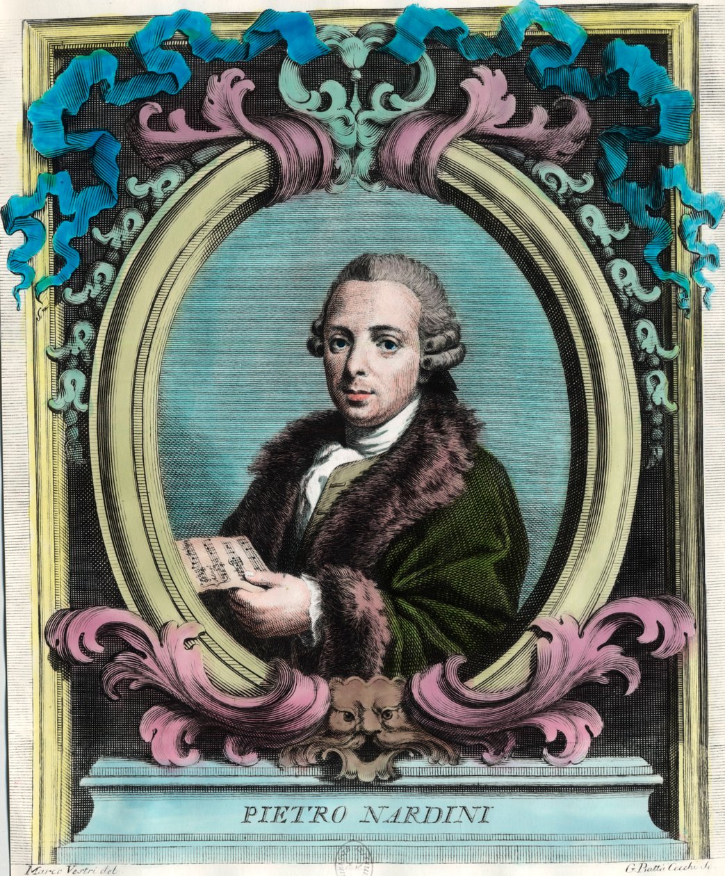 イタリアのヴァイオリニスト・作曲家、ピエトロ・ナルディーニ（1722-1793）の肖像。18世紀のエングレーヴィング。個人蔵。 作： 無名の画家