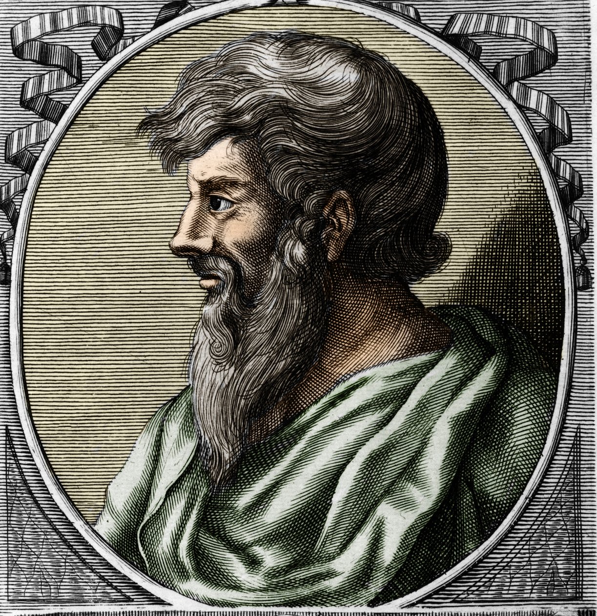 ギリシャの数学者・哲学者、ピタゴラス（紀元前570年頃〜紀元前480年頃）の肖像。18世紀のエングレーヴィング 作： 無名の画家