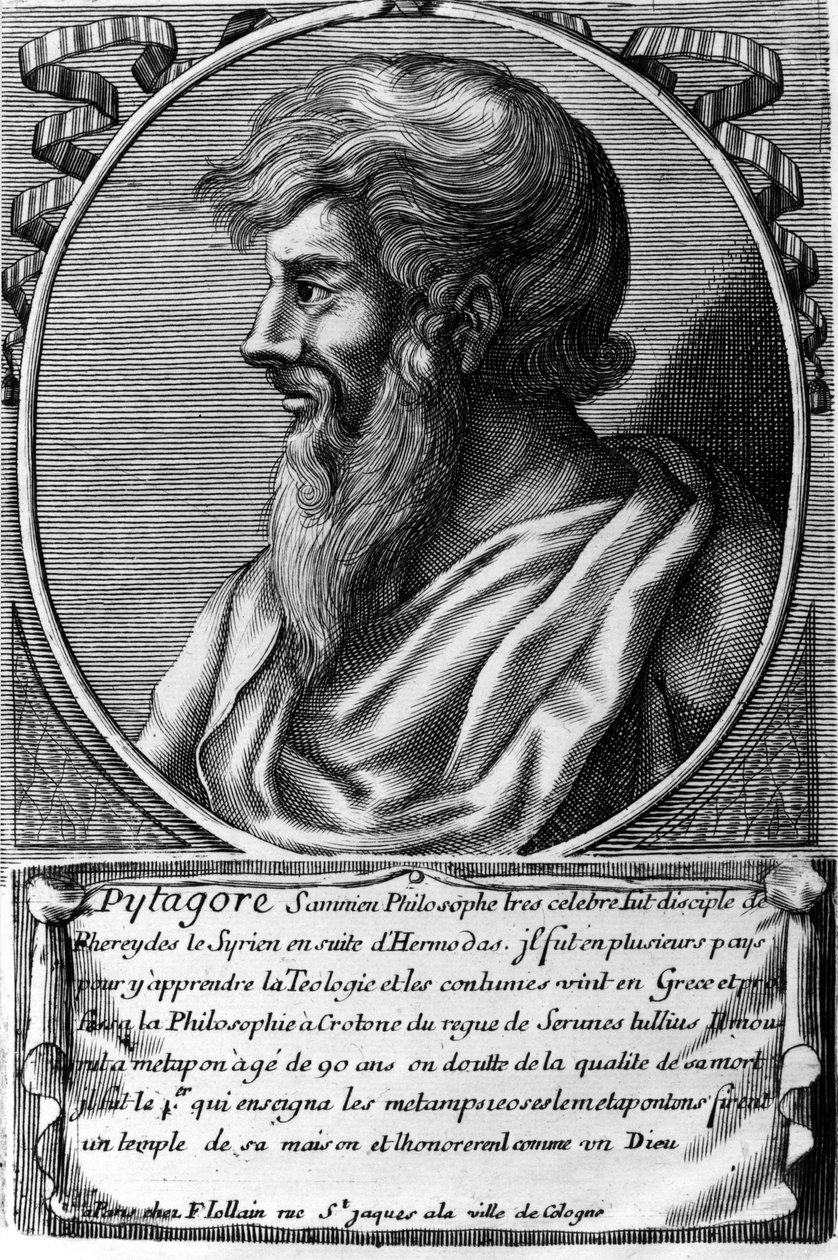 ギリシャの数学者・哲学者、ピタゴラス（紀元前570年頃〜紀元前480年頃）の肖像。18世紀のエングレーヴィング 作： 無名の画家