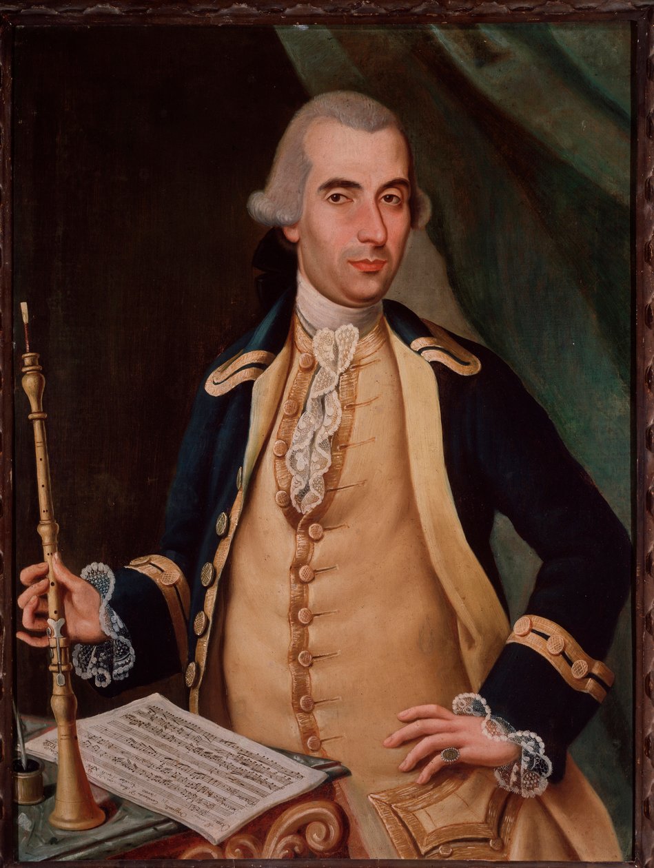サンテ・アギラール（1734年頃～1808年）イタリア人オーボエ奏者の肖像 無名の絵画。18世紀 ボローニャ市民博物館ビブリオグラフィコ 作： 無名の画家