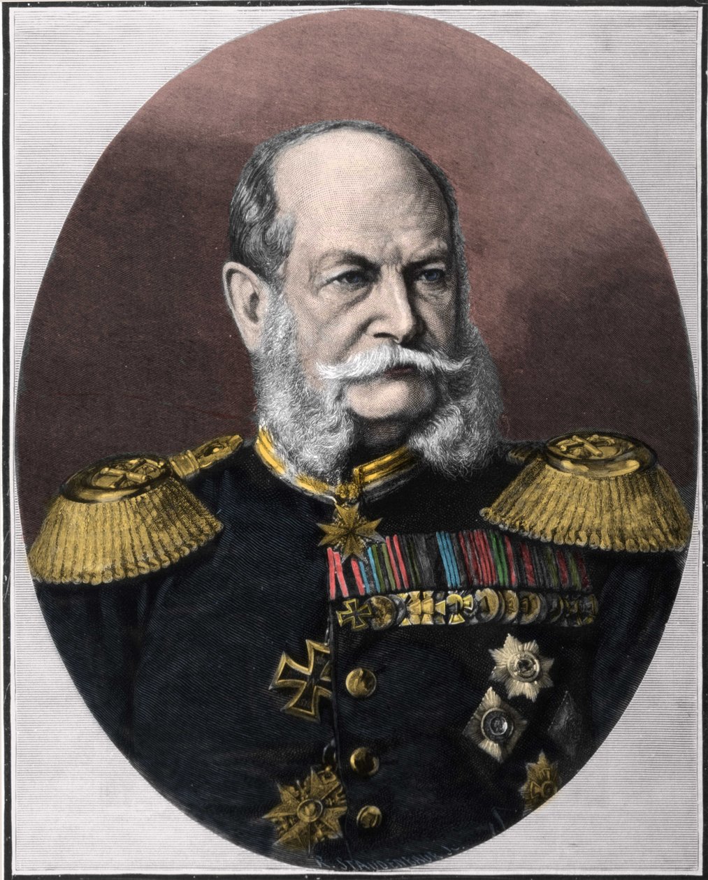 プロイセン王でありドイツ皇帝であったウィリアム1世（1797-1888）の肖像。19世紀末に制作された版画です。 作： 無名の画家