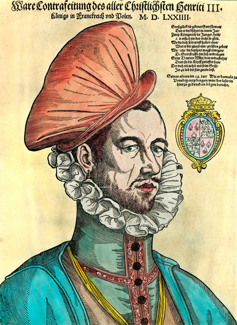 フランス王アンリ3世（1551 - 1589）の肖像。16世紀のエングレーヴィング。 作： 無名の画家