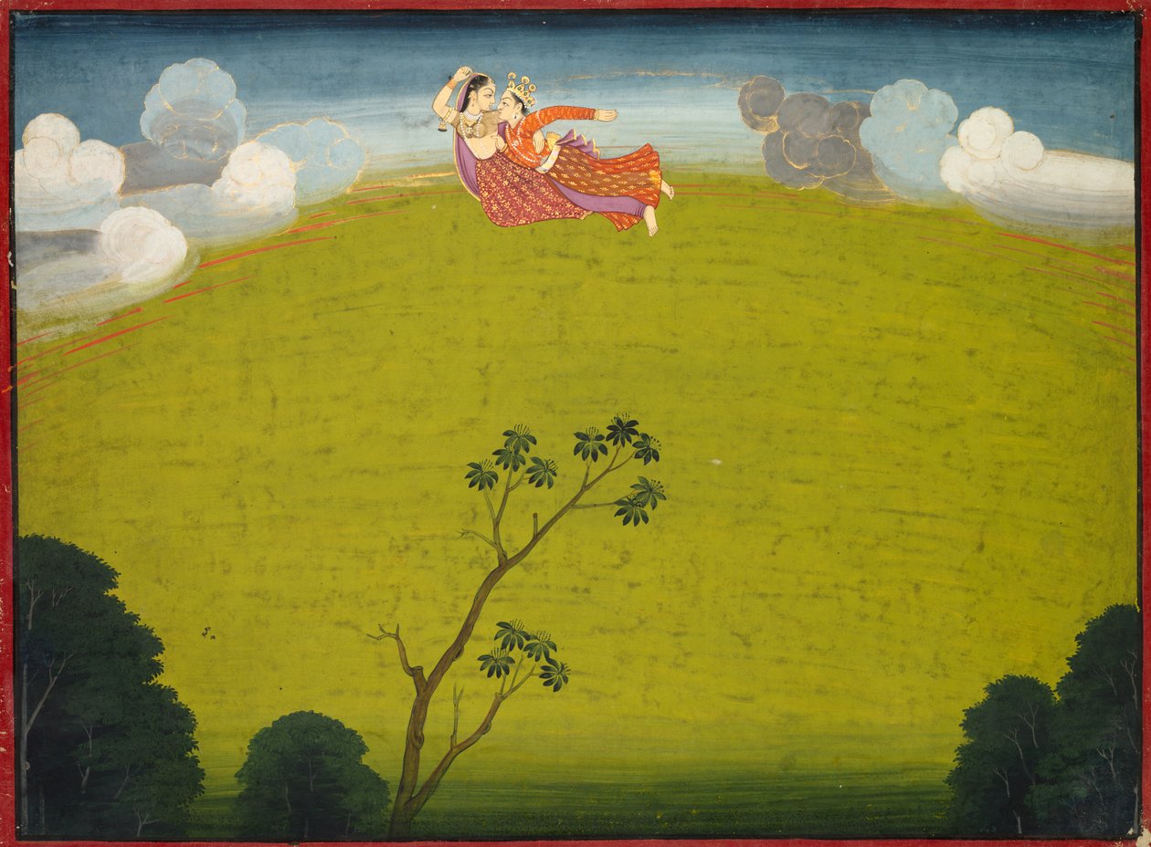 Pradyumna と Mayavati は、大 Basohli Bhagavata Purana から Dwarka に飛ぶ 作： 無名の画家