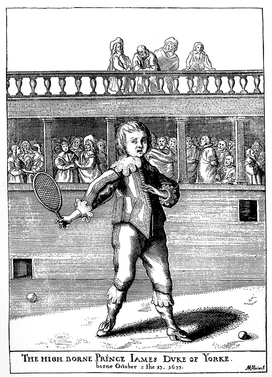 パームゲームをするヨーク公爵ジェームズ王子（1633-1701）、後にイングランドのジェームズ2世（ジェームズ2世スチュアート）として復帰 - Joseph Strutt, ed 1801の "the sports and pastimes of the people of the England "に掲載されています。 作： 無名の画家