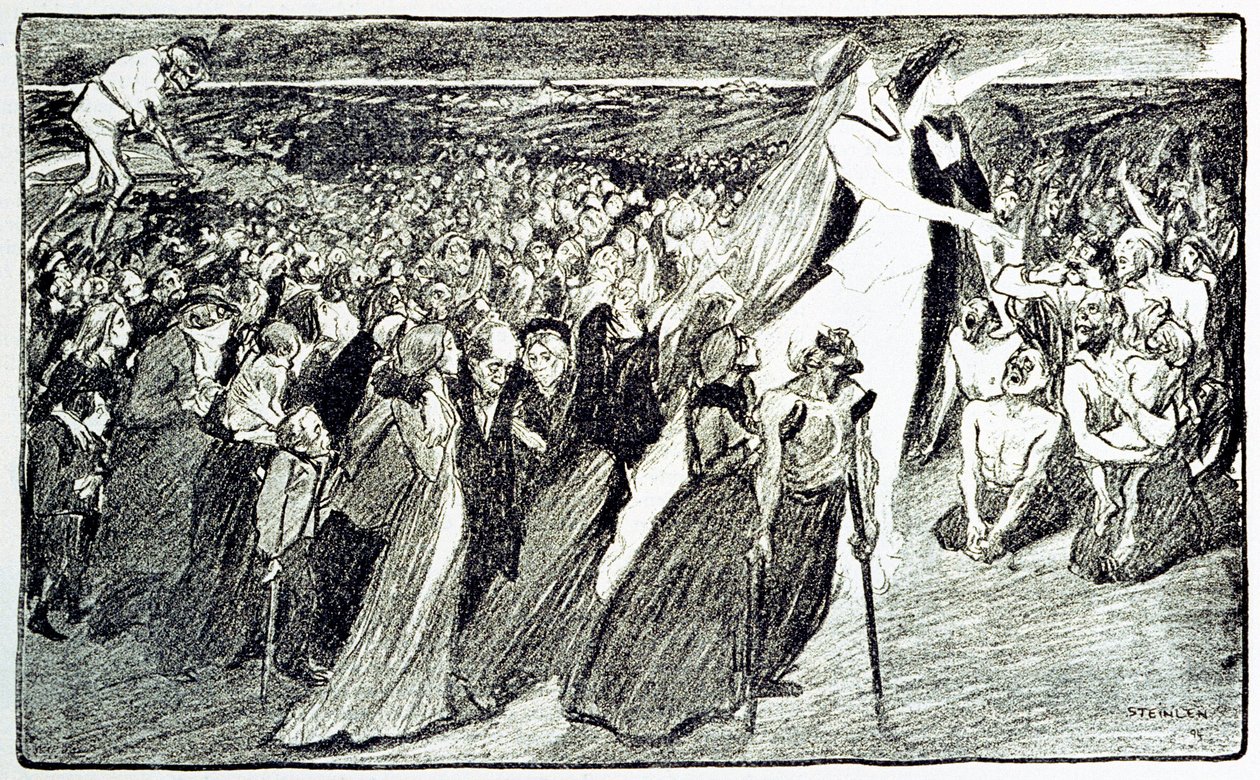 ルルドでの巡礼の列、Theophile Alexandre Steinlen (1859 - 1923)による寓話、Emil Zola (1840-1902)の "Lourdes "の挿絵、"Gil Blas illustrious "より引用。 作： 無名の画家