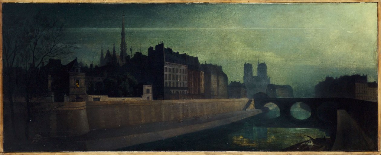 1860年頃のオルフェーヴル通り、サン・ミッシェル橋、ノートルダム寺院、現在の1区と4区の夜景、1855年から1865年の間（油彩・カンヴァス） 作： 無名の画家