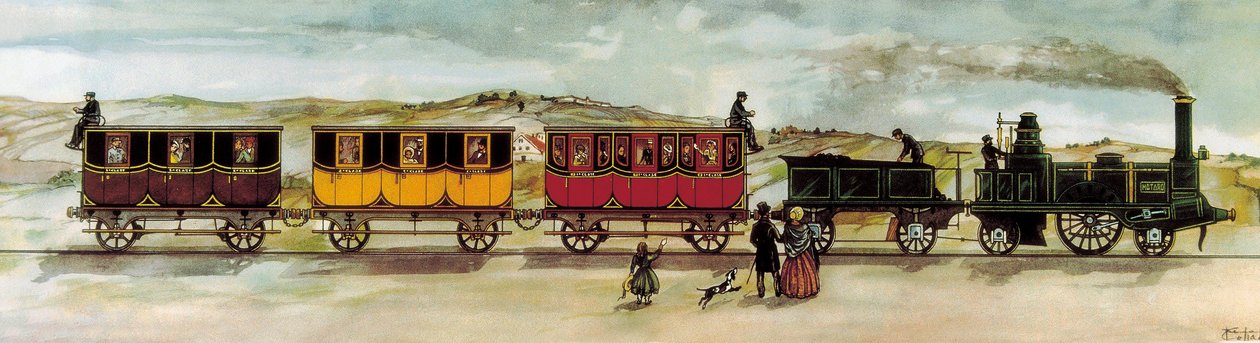 バルセロナとマタロを結ぶ鉄道路線（バルセロナ-マタロ）が10月28日に開通しました。 作： 無名の画家