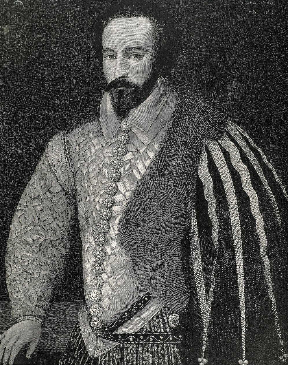 ローリー、サー・ウォルター（1554-1618）。イギリスの船乗り、探検家、仲買人。ウォルター・ローリー卿の肖像。ロンドン国立肖像画美術館に保存されている匿名の原画をもとに、1891年にエングレーヴィングされた。エングレーヴィング。 作： 無名の画家