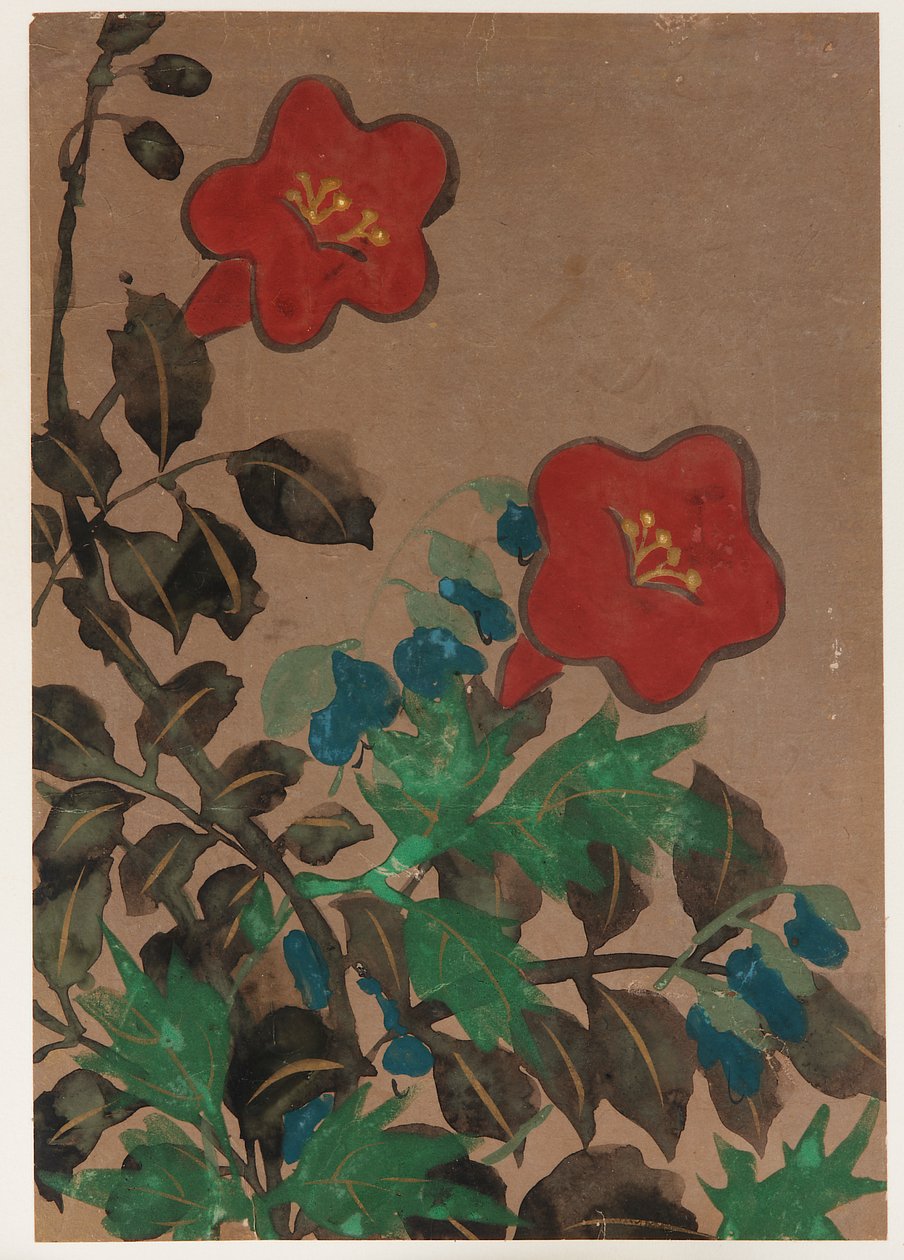 赤と青の花と葉 作： 無名の画家
