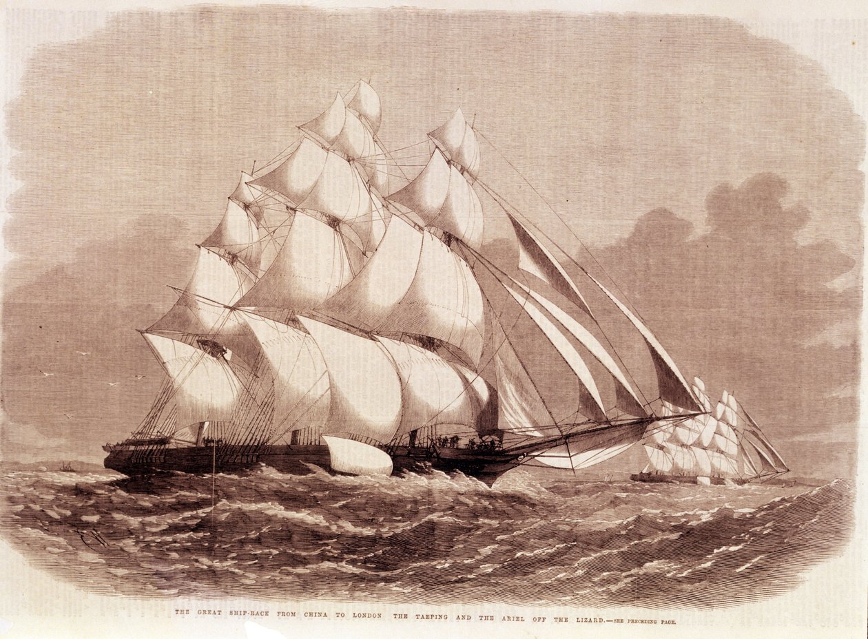 1866年、アリエルと太平のクリッパーの間で行われたレガート。 作： 無名の画家