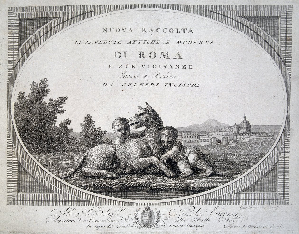 レムスとロムルス（ロモロ・レモ・ルパ）とオオカミ - "Collection of views of Rome" にて 作： 無名の画家