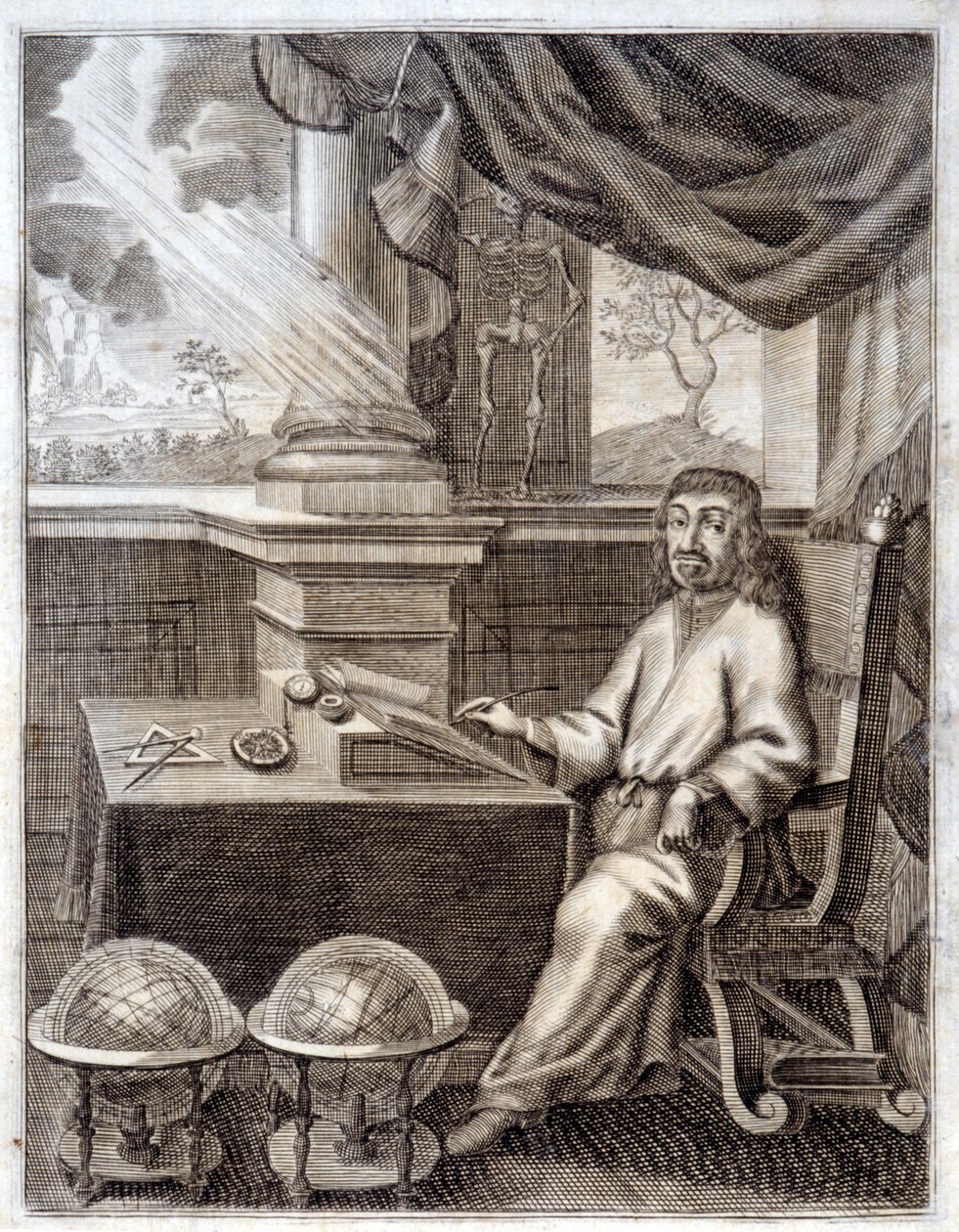 ルネ・デカルト（1596 - 1650）のオフィスで科学機器を持つ。17世紀のエングレーヴィング。 作： 無名の画家
