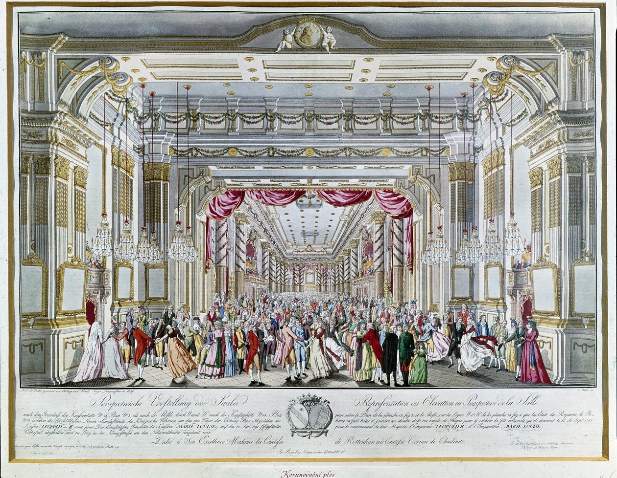 ヴォルフガング・アマデウス・モーツァルト（1756-1791）が、1791年にオーストリア皇帝レオポルド2世（1747-1792）のボヘミア王としての戴冠式の祝宴で、プラハ王宮通りの劇場で演奏した「ティートの清らかさ」を表現したもの。プラハ・ミュゼオ 作： 無名の画家
