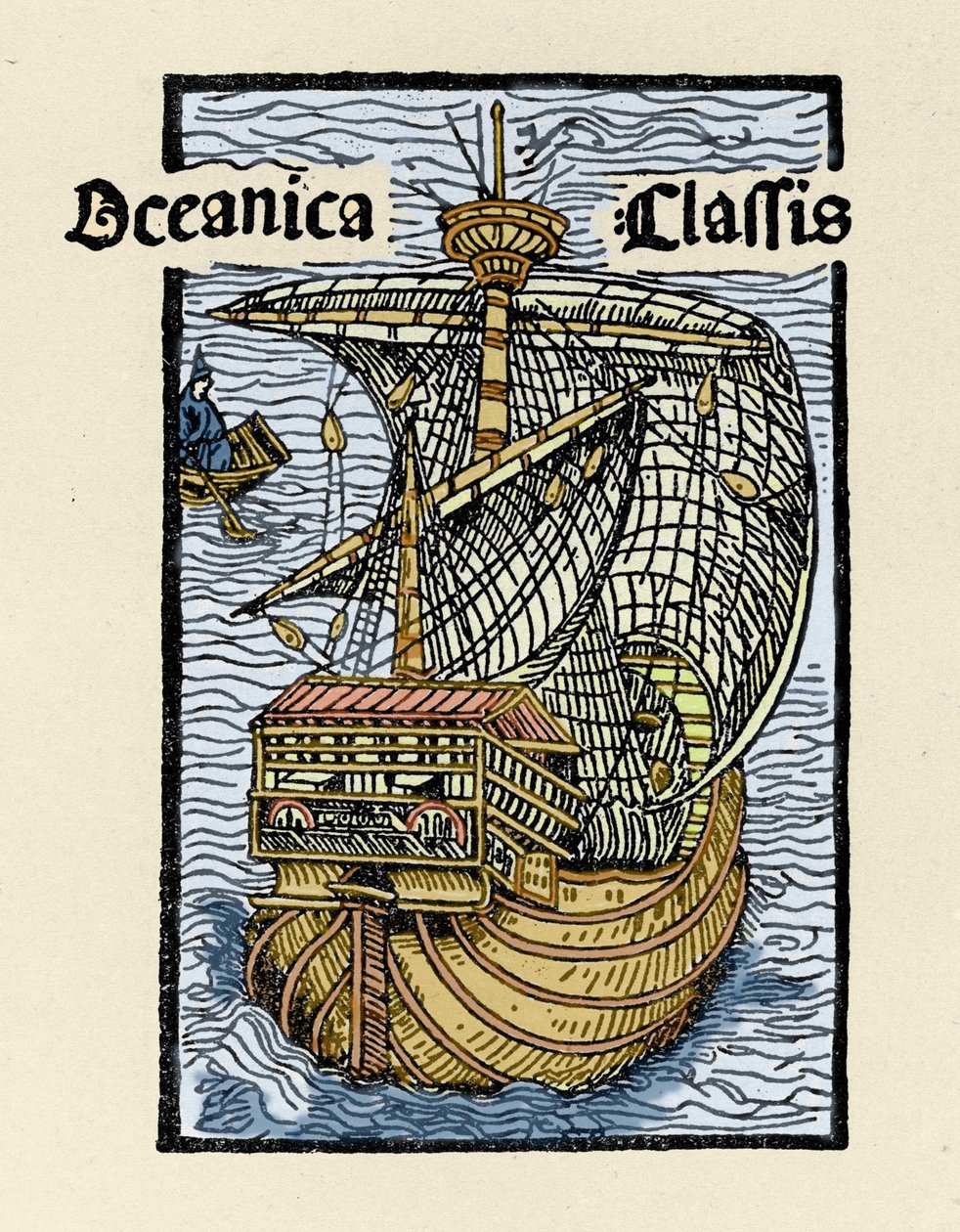 クリストファー・コロンブス（1451-1506）によるカラベル「サンタ・マリア号」の表現。De insulis in mare Indico super inventis", Bale 1493-1494 (コロンブスのスペイン王への報告書のラテン語訳)からの版画。 作： 無名の画家