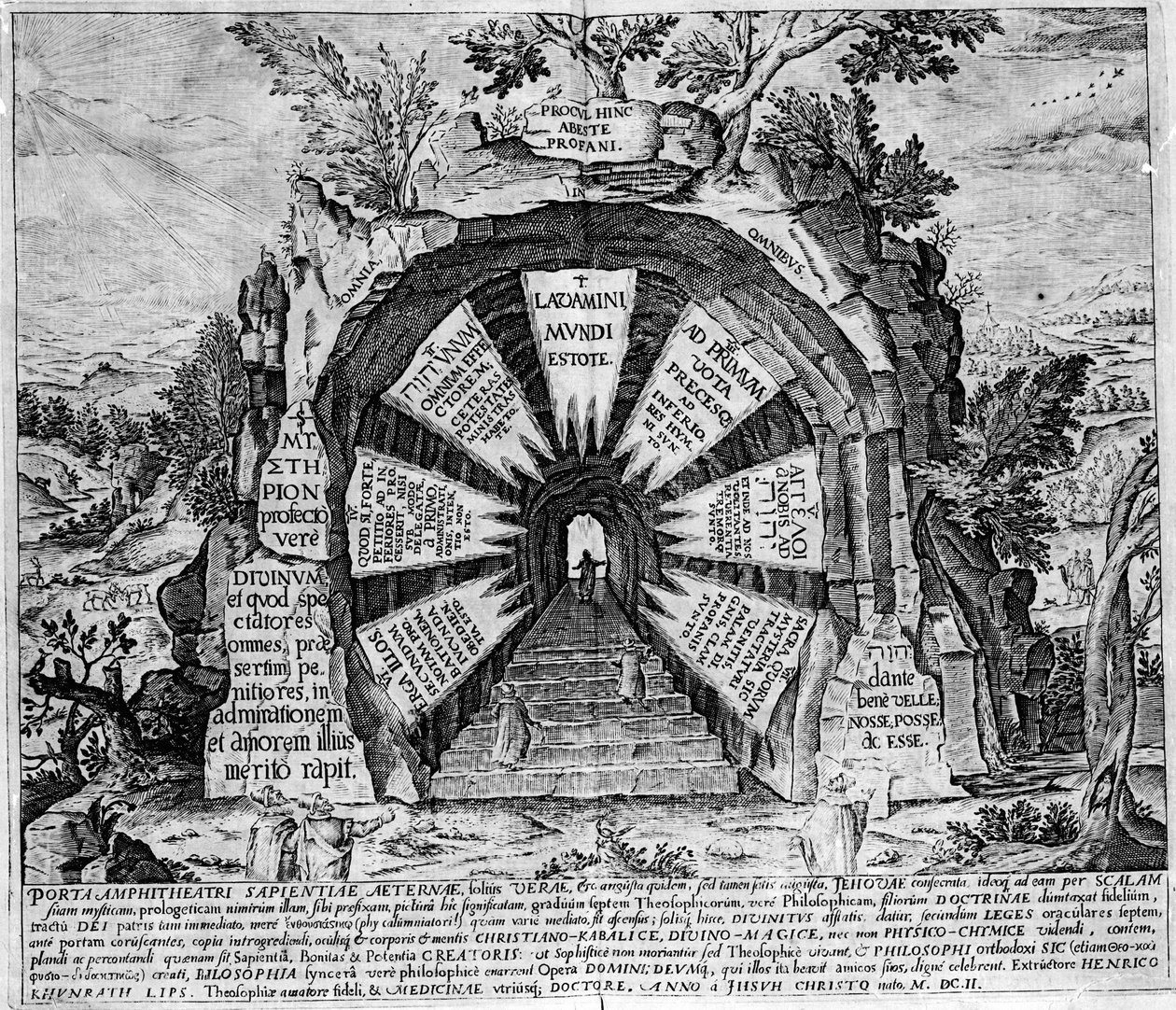 永遠の命を象徴する「神秘の家」の入り口の表現。Amphitheatrum sapientiae aeternae（永遠の知恵の円形劇場）」のエングレーヴィング。(永遠の知恵の円形劇場） [Hamburg: s.n. 作： 無名の画家