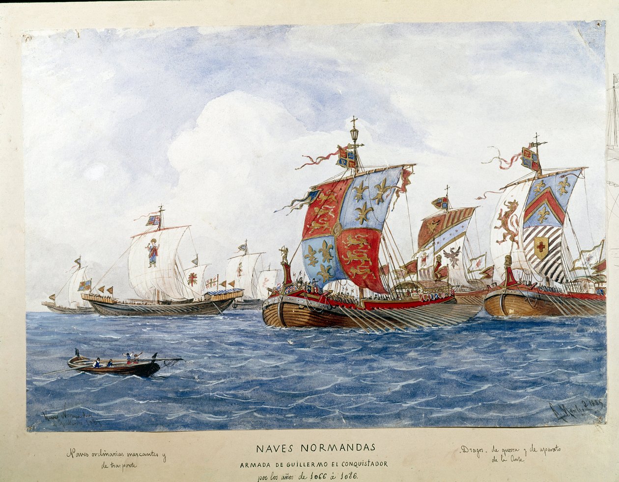 11世紀の征服王ウィリアムの艦隊を表現したもので、戦争、商業、旅客輸送の船（水彩画 作： 無名の画家