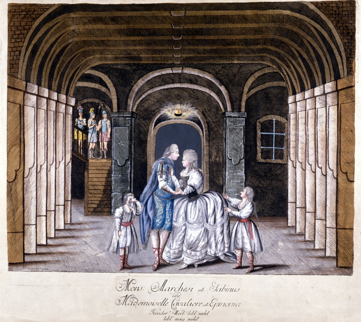 1785年にウィーンで上演されたジュゼッペ・サルティ（1729-1802）のオペラ「ジュリオ・サビーノ」を表現したもの。舞台上のカテリーナ（カタリーナ）・カヴァリエーリと去勢されたルイジ・マルケージ。ミラノ 作： 無名の画家