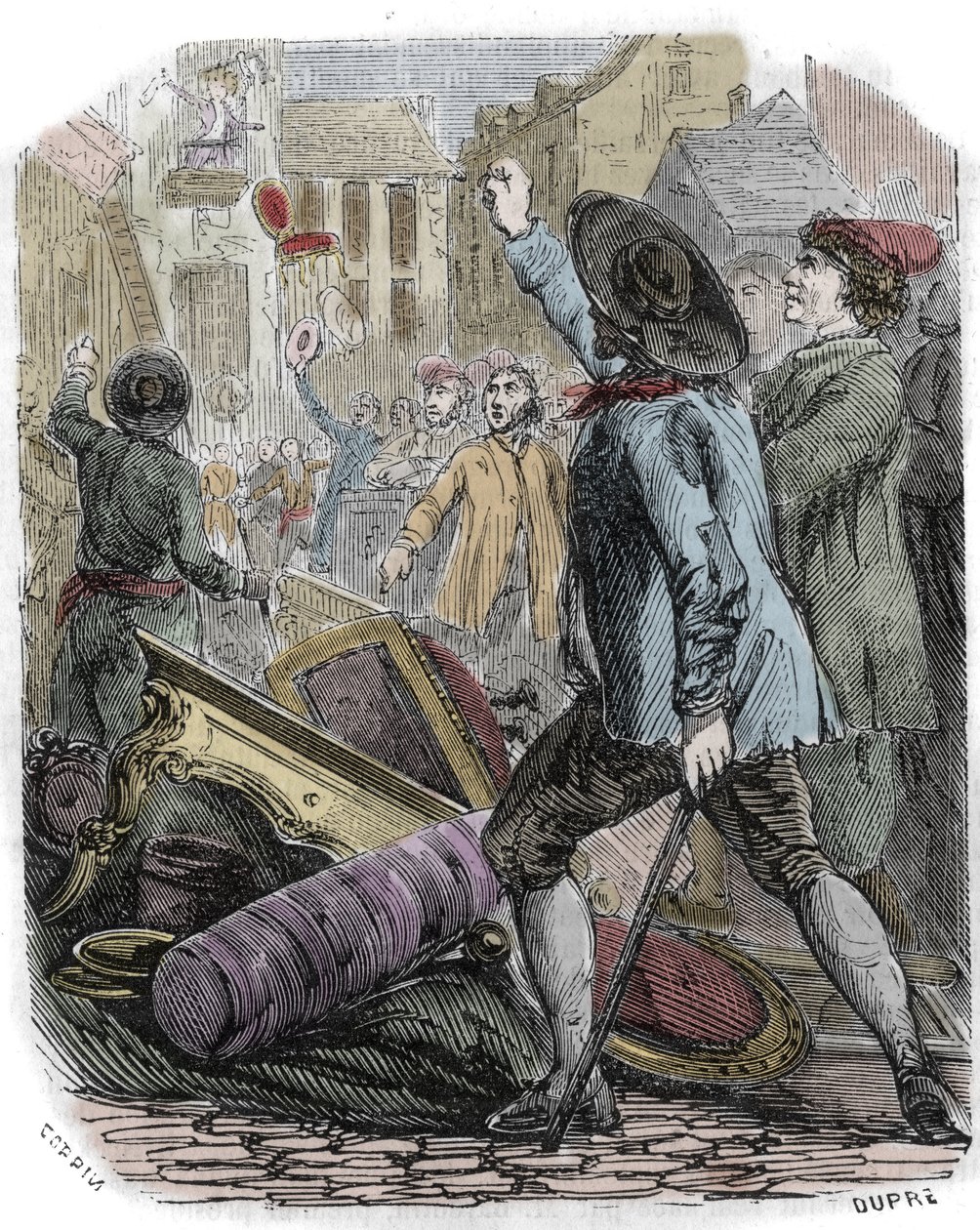 レヴィヨンの暴動は1789年4月26日から29日の間に発生した - フランス革命。レヴィヨン事件 - "Pillage de la fabrication de papints Jean Baptiste de Reveillon le 28 avril 1789" パリのエミューテがフォーブール・サン・アントワーヌ通りにあった工場を略奪した。 作： 無名の画家