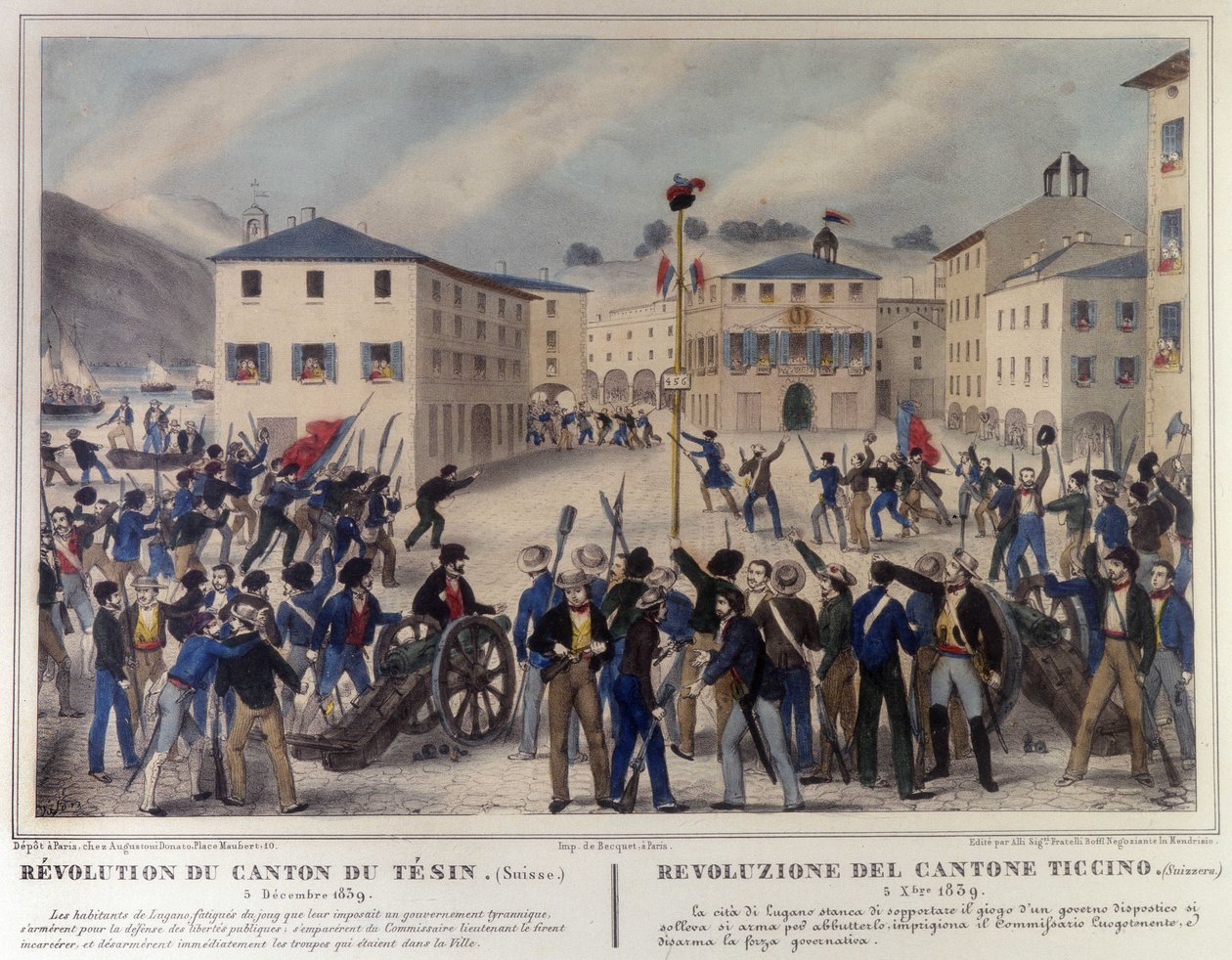 1859年12月5日のスイス・ティチーノ州の革命。19世紀の版画。 作： 無名の画家