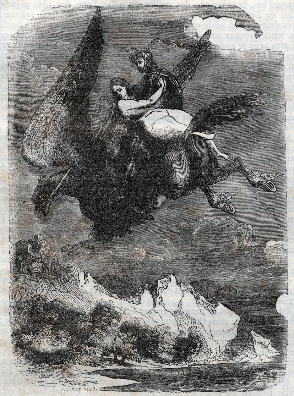ロジャー（ルッジェーロ、ルッジェーロ）とアンジェリーク（アンジェリカ）のヒポクロウ-1851年の版画（アリオストことルドヴィコ・アリオストの「Roland furieux」（Orlando furioso）（16世紀）より）-トレサン伯爵がイタリア語から翻訳して出版した版。 作： 無名の画家
