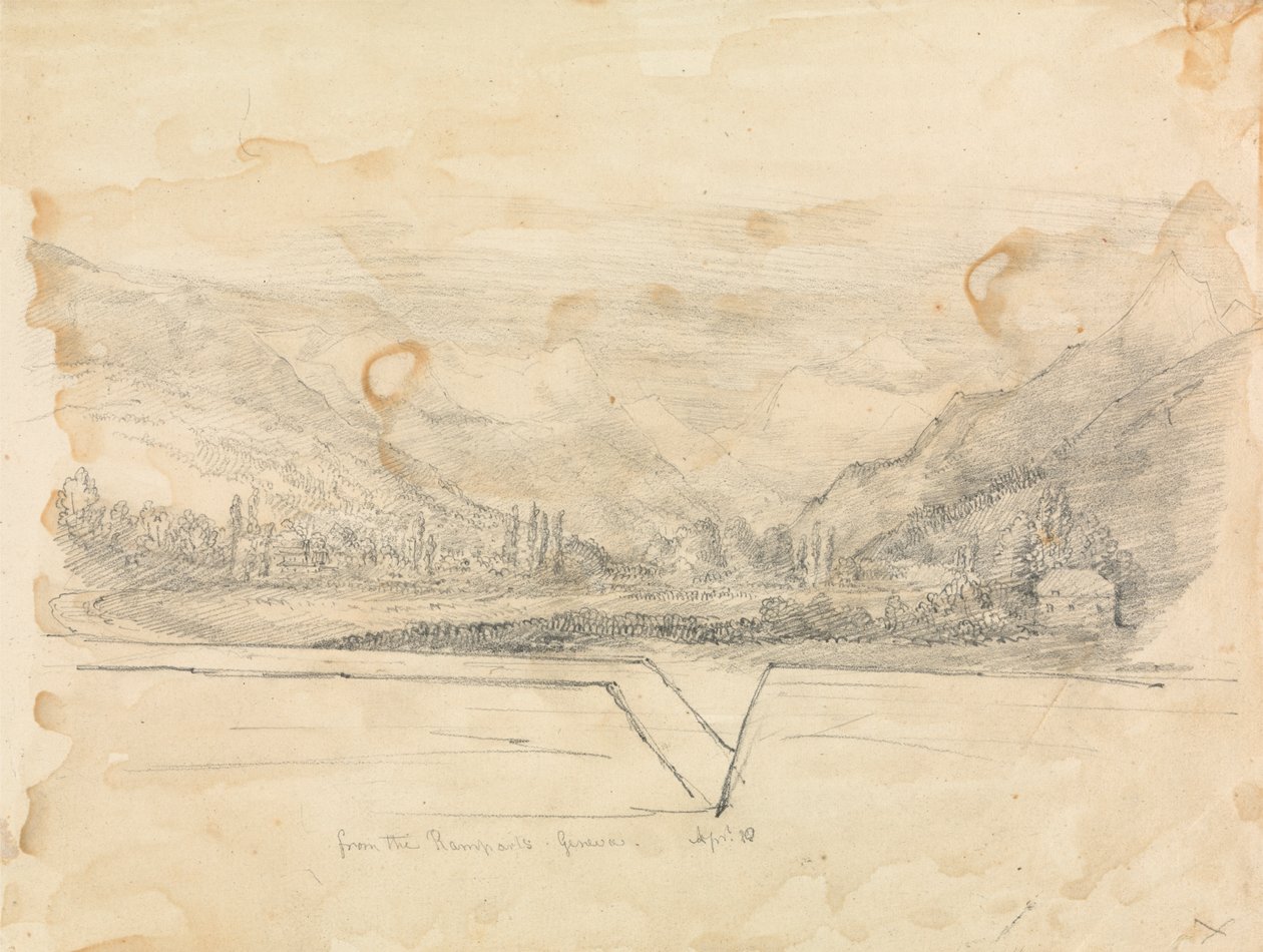 遠くに山がある田園風景 作： 無名の画家