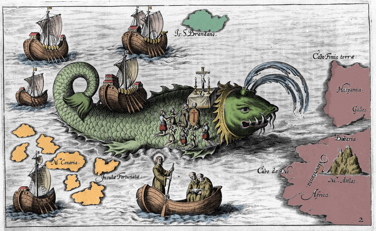 Der heilige Brendan, Held und irischer Heiliger des 6. Jahrhunderts, feiert die Messe auf dem Rücken des Riesenwals Jasconius. Legende besagt, dass sein Boot auf dem Rücken eines Wals getragen wurde. Farbige Gravur 17. Jahrhundert von Unknown artist